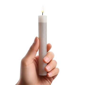 mano sostiene vela blanca aislada, fondo blanco mockup