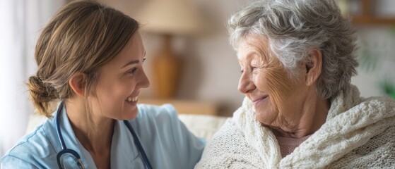 The caregiver sharing a heartfelt moment with an elderly patient in a cozy setting.