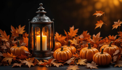 Halloween Lantern with Pumpkins and Leaves