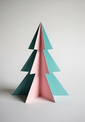Obraz premium Geometric Paper Christmas Tree in Teal and Pink with Shadow origami folded