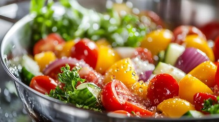 Fresh vegetable salad with tomato, yellow pepper, red onion, cucumber, parsley, healthy colorful water splash, vibrant closeup, refreshing - Powered by Adobe