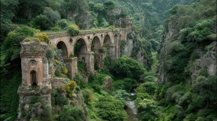 Obraz premium Deteriorated Roman Aqueduct Over Green Valley with Lush Vegetation
