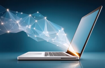 Futuristic laptop with glowing mesh network on a sleek blue background