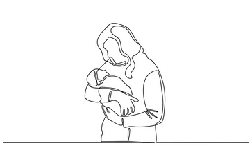 Continuous one line drawing of Woman with newborn baby. Single line drawing illustration of Loving mother hugs her little baby. Embracing Motherhood concept vector art. Doodle line illustration.