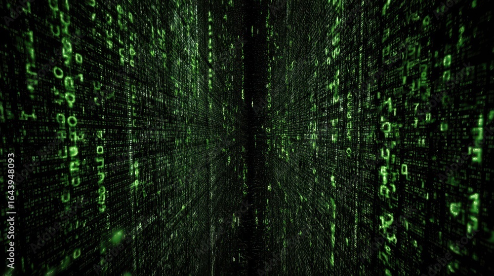 Poster digital matrix world with falling code in 4d style visualization
