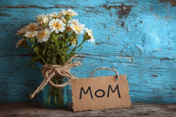 Naklejka premium Bouquet of flowers with a tag reading Mom beside it on a rustic wooden table