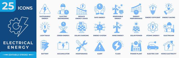 Electrical Energy Blue Editable Icon Set. Containing electric, energy, battery, solar, renewable, sustainable, sun, safe energy and performance. Simple Blue Vector Illustration.