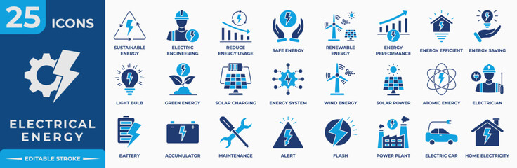 Electrical Energy Flat Editable Icon Set. Containing electric, energy, battery, solar, renewable, sustainable, sun, safe energy and performance. Simple Flat Vector Illustration.