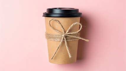 Takeaway coffee cup with twine bow on pink background