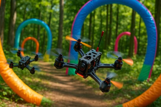 Two racing drones flying through colorful gates in a sunlit forest fpv