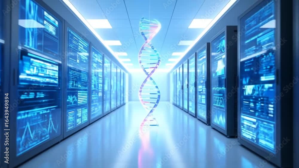 Poster futuristic data center with glowing dna helix inside a server room for global data management and