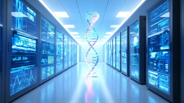 Futuristic data center with glowing dna helix inside a server room for global data management and - Powered by Adobe