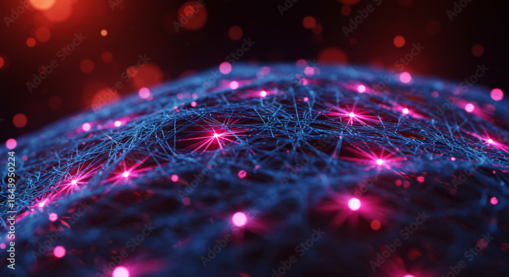 Poster abstract depiction of a network with interconnected blue lines and glowing pink nodes against a dark