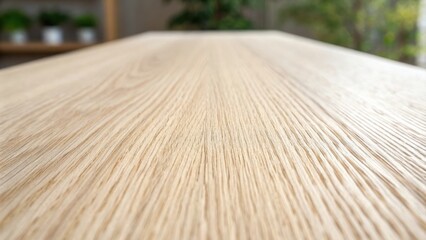 Closeup of a lightcolored wooden surface with prominent, linear grain patterns, creating a natural texture