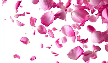 Pink rose petals falling against a stark white background, showcasing their delicate texture and soft pink hues in mid-air