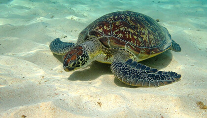 Obraz premium Sea turtle of the shore of sandy beach. Zoo and wildlife concept.