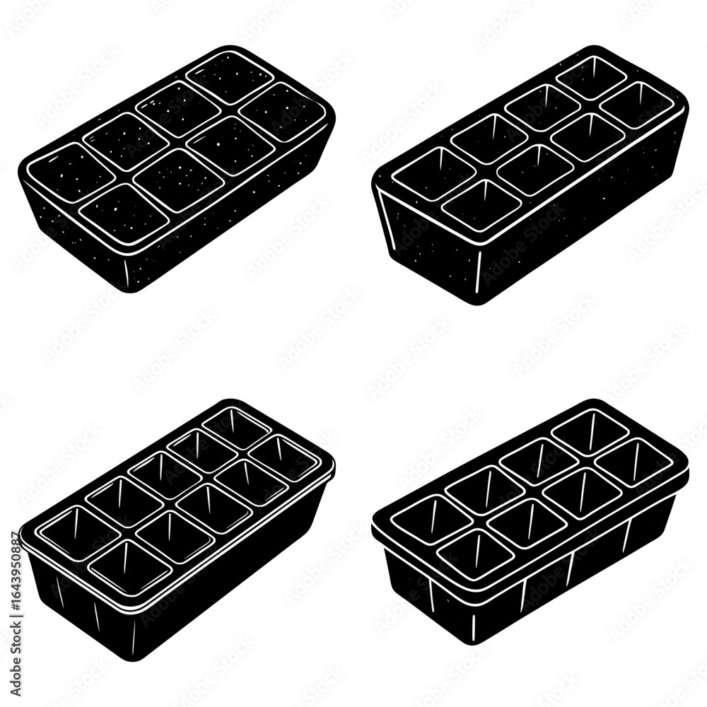 Poster collection of four isometric ice cube trays with varying fill levels in black and white style