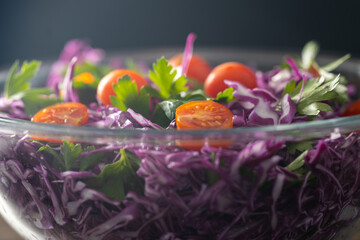 Bowl filled with red cabbage and tomatoes