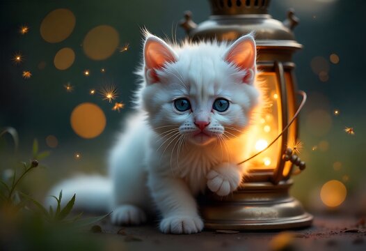 Gatinho persa com olhos azuis ao lado de uma lanterna