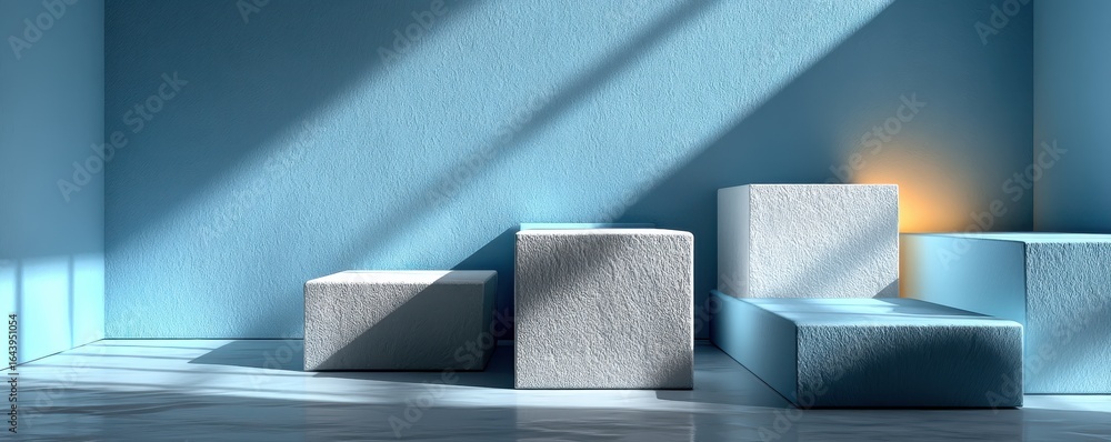 Poster minimalistic setting with blue walls and geometric shapes in soft lighting