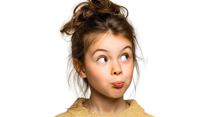 Young child with playful expression makes funny face looking sideways