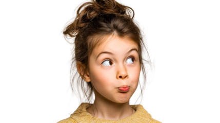 Young child with playful expression makes funny face looking sideways