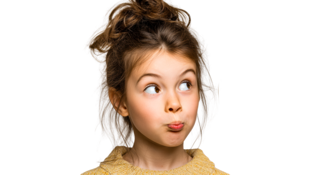 Young child with playful expression makes funny face looking sideways