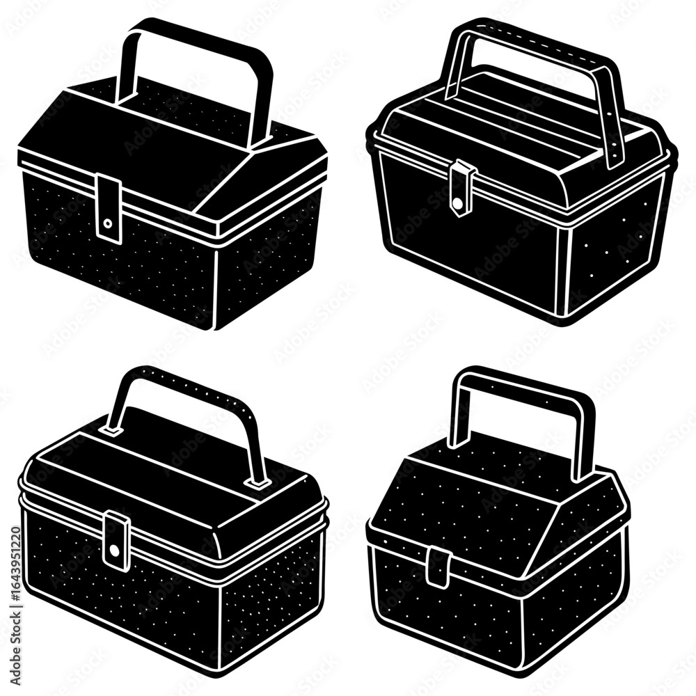 Poster four black and white illustrations of closed toolboxes with handles and latch closures in a grid pat