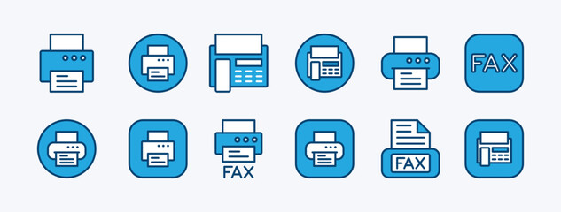Set of printer, print, fax, icon vector. Contains office contact, document button, copy text, printout, paper page, printing machine technology, inkjet. Illustration