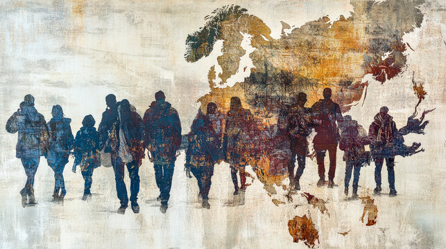 Symbolic artwork exploring migration and displacement with a faded Britain and Europe map backdrop. Celebrates human strength, diversity, and perseverance in moving tribute to International Migration.
