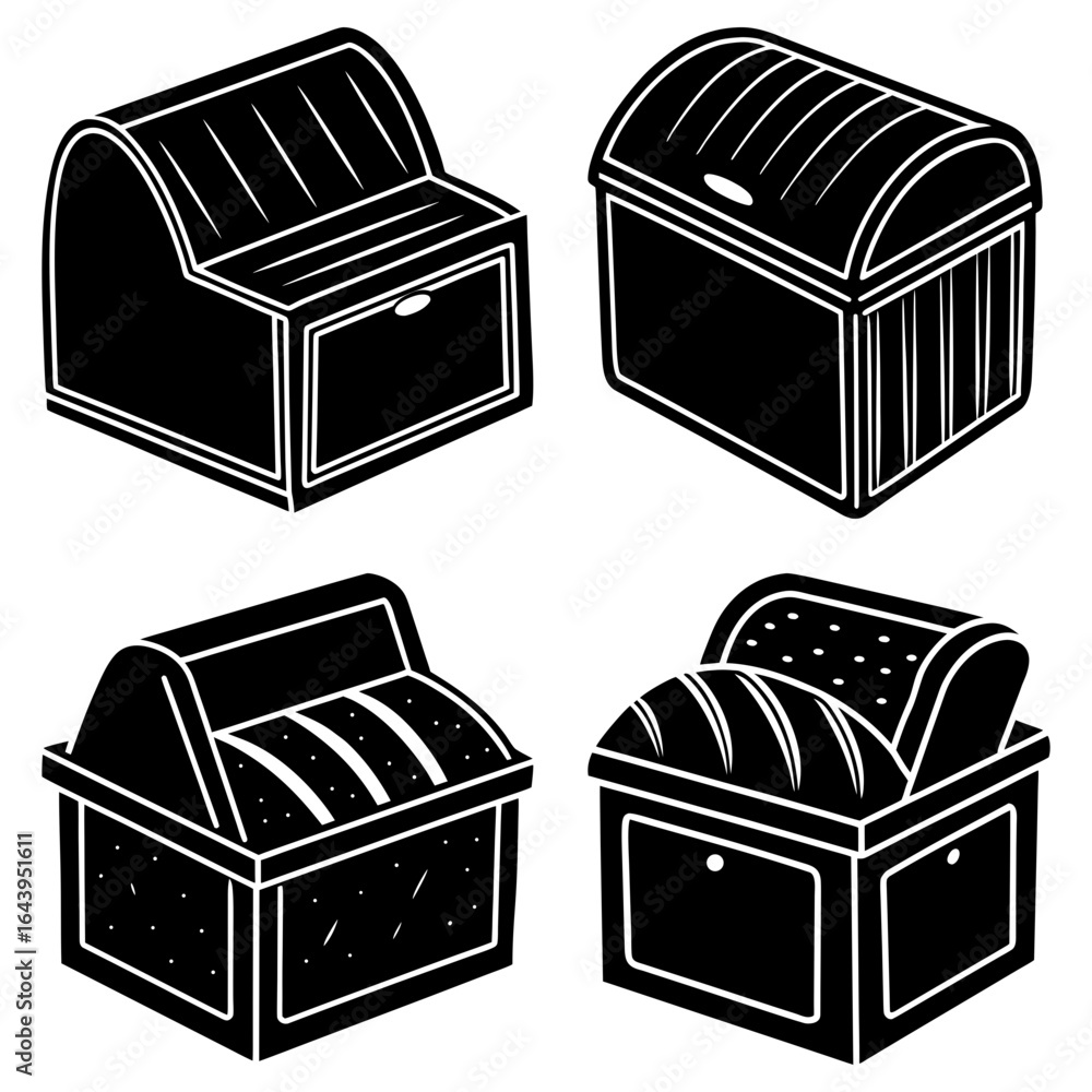 Poster four black and white illustrations of bread boxes with different styles and bread types inside each 