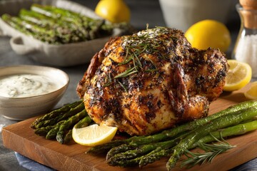 Succulent roasted chicken with fresh asparagus and lemon served on a wooden cutting board