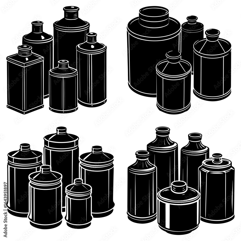 Aufkleber assorted collection of black and white containers and jars of varying shapes and sizes displayed tog