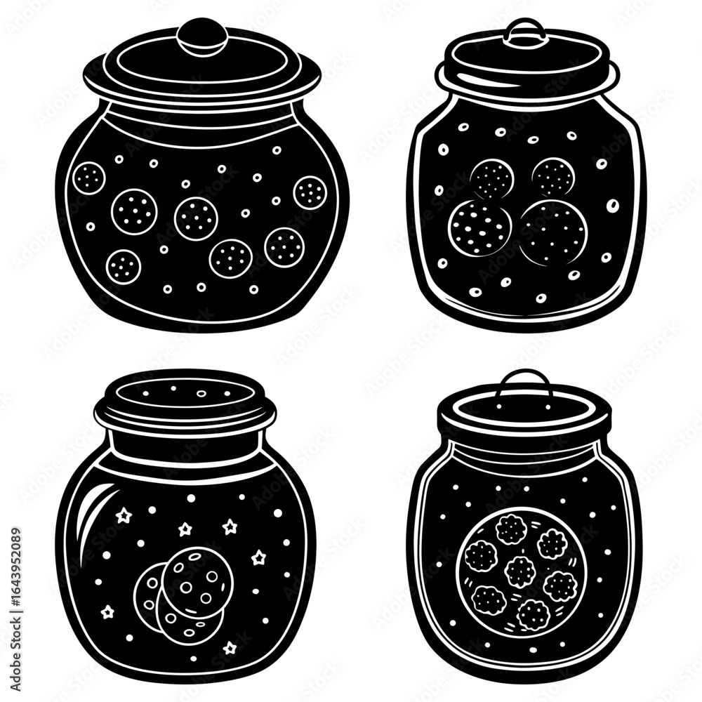 Aufkleber four black and white cookie jars with lids and different cookie designs in a vector format art