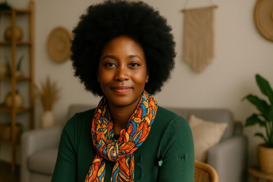 Smiling Woman With Afro Hair. Colorful Patterned Scarf. Cozy Interior
