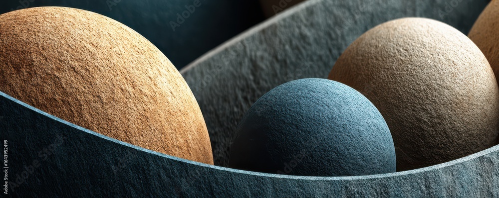 Poster close-up view of textured spheres in an abstract geometric composition