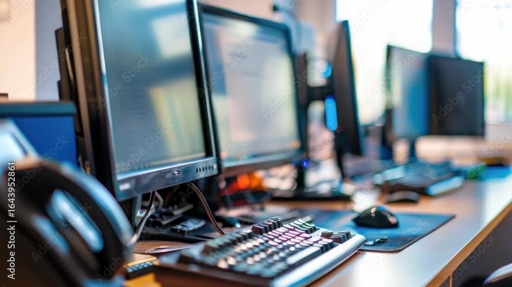 Poster row of computer monitors on a modern office desk, ready for use