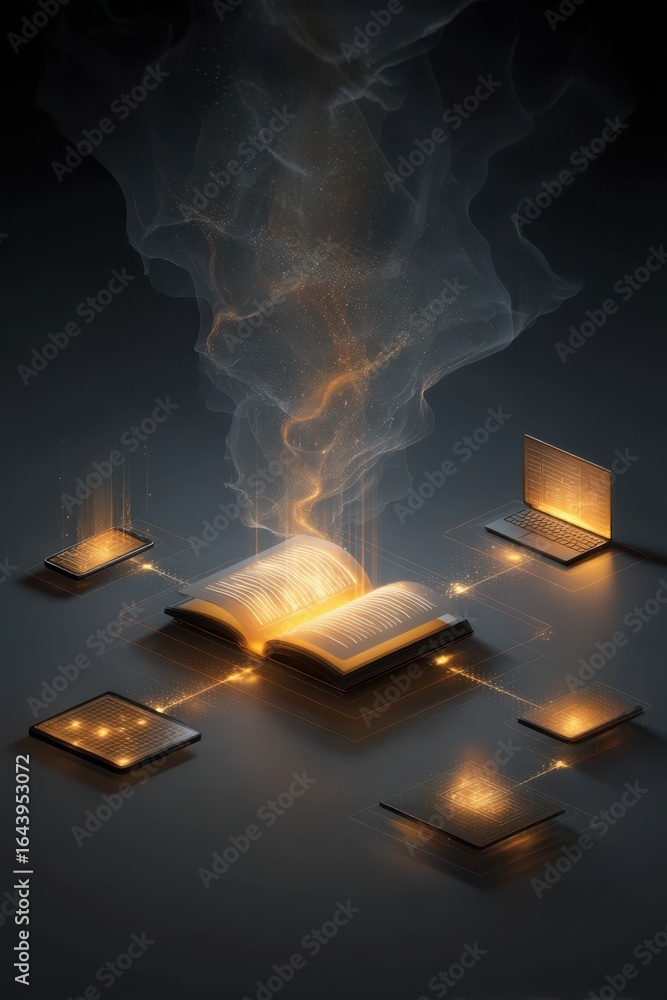 Poster conceptual digital transfer of written knowledge with glowing book and devices
