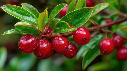 Clusters of vibrant red berries are prominently displayed on a branch surrounded by shiny green leaves. This natural setup captures a serene outdoor moment in a flourishing garden.