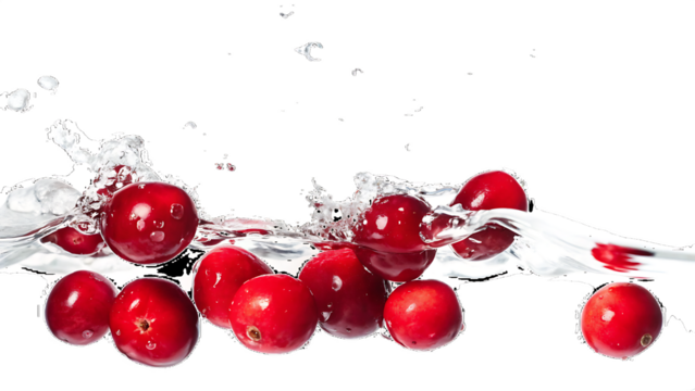 fresh cranberries splashing in water isolated on white background, png, ai generated.