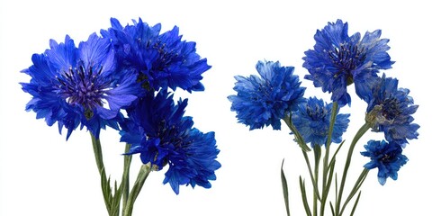Two vibrant clusters of cornflowers, deep blue petals, against a stark white background