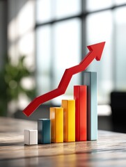 stick graph chart with arrow going up in a business office concept for market investment and economic growth business investiment and new lifting economic results