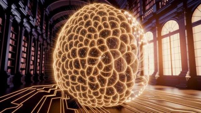 Glowing Digital Brain with Intricate Neural Connections in Grand Hall and Library, Symbolizing Fusion of Technology, Knowledge, and Innovation