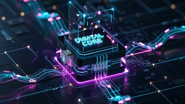 Glowing Holographic Cube with Intricate Tech Circuits Emitting Bright Light and Futuristic Aura in Dark Space