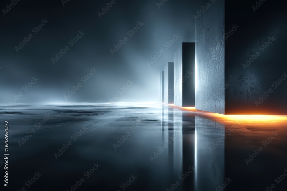 Poster abstract dark minimalist scene with glowing light and monolithic structures