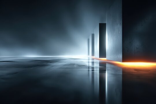 Abstract dark minimalist scene with glowing light and monolithic structures