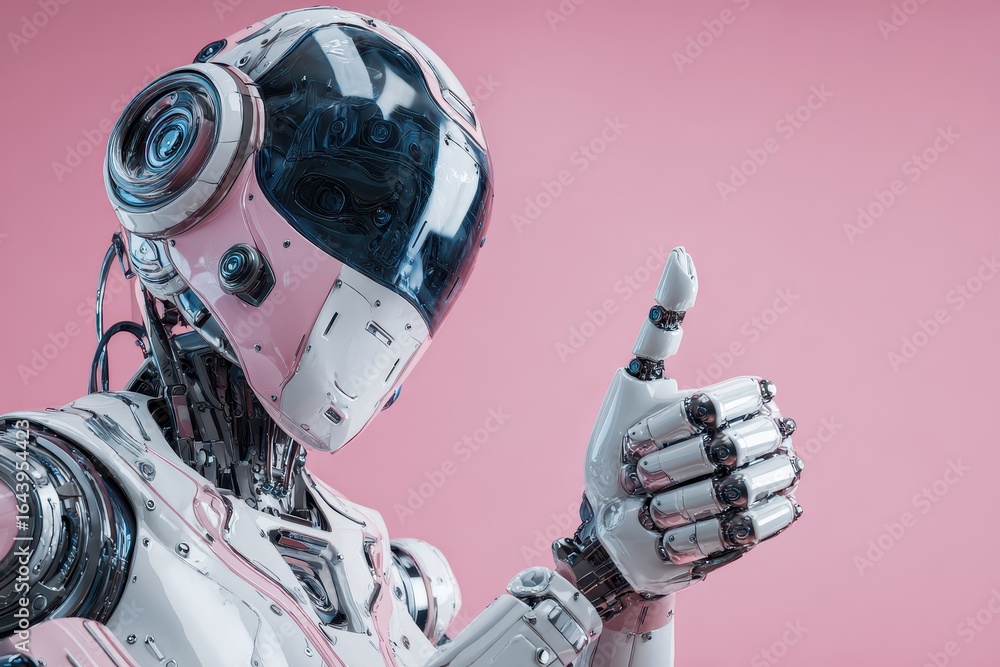 Poster robotic figure giving a thumbs up in a futuristic setting with a pink background showcasing advanced