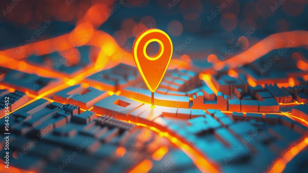 Poster Map showing a city with a pin indicating a location, suitable for use in travel or navigation contexts