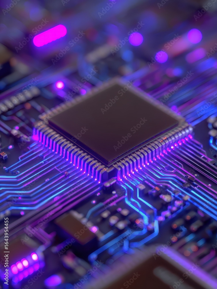 Aufkleber ai generated image of closeup of microchip of computer with blue and purple neon lights