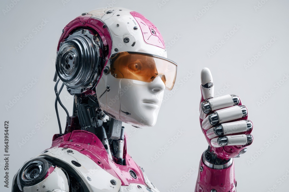 Poster futuristic robot with a pink and white design giving a thumbs up gesture in a well-lit studio settin